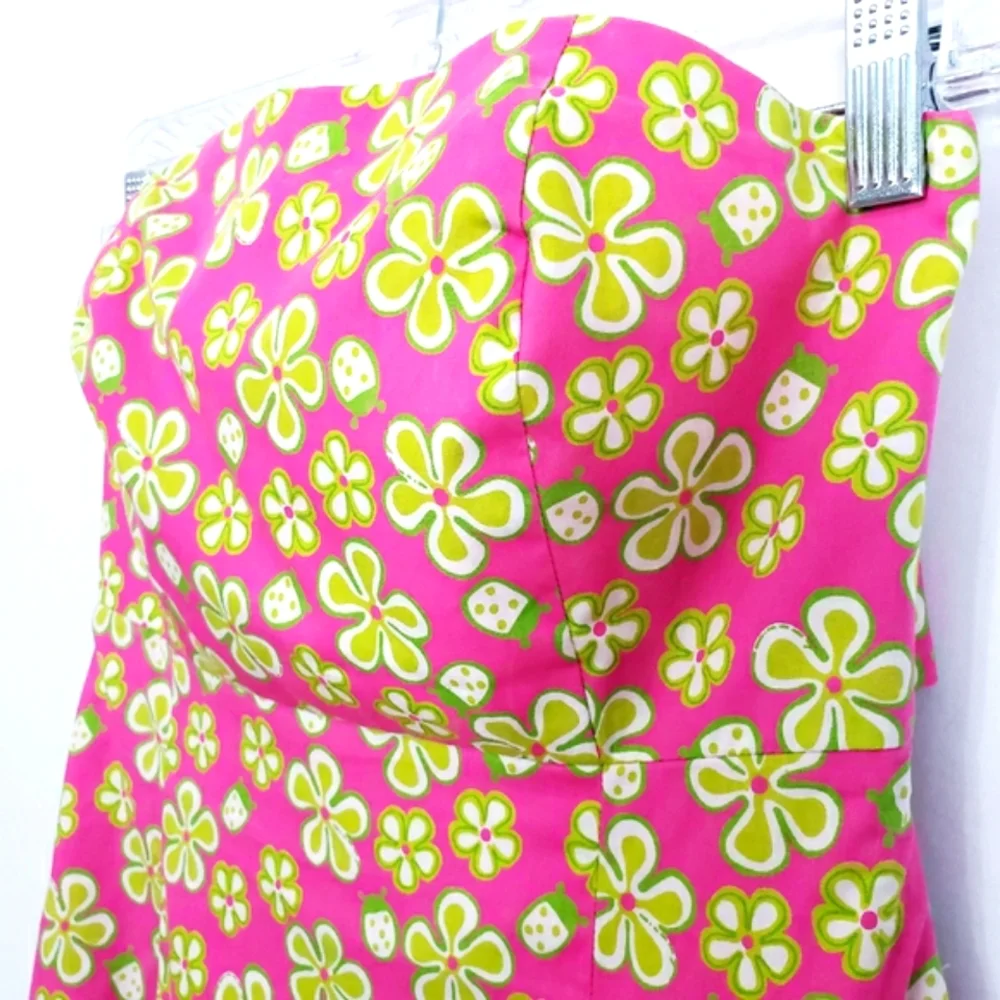 Vintage Lilly Pulitzer Strapless Lip Pink Dunebuggy Floral w/Ladybugs Midi Dress - Picture 5 of 14